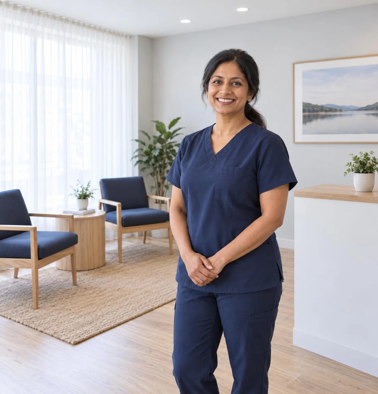 Chiropractor smiling in her bright clinic waiting area, ready for new patients