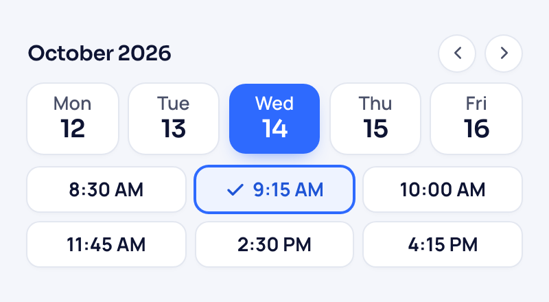 A booking calendar for October 2026 with Wednesday the 14th picked and the 9:15 AM time slot chosen.