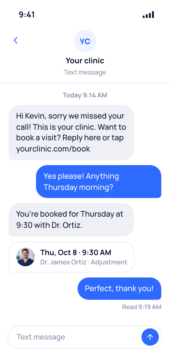 Kevin Patel's phone showing the missed-call text from your clinic and his visit booked for Thursday at 9:30 with Dr. Ortiz.