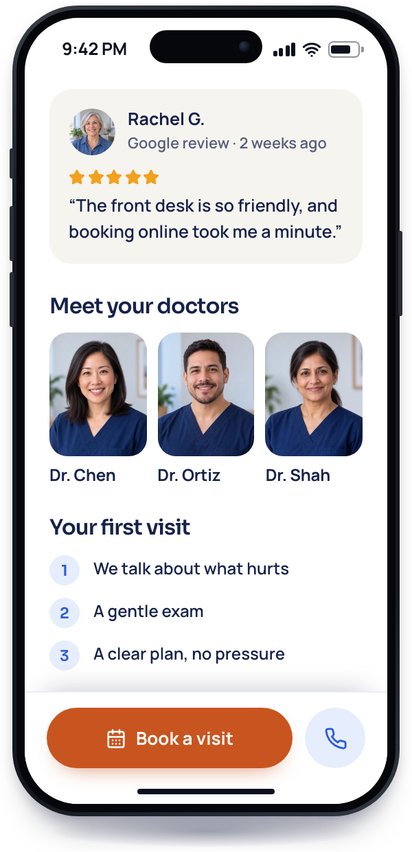 A phone at 9:42 PM scrolled down the clinic's page to a five-star Google review from Rachel G., photos of the three doctors, a three-step first visit and a Book a visit bar at the bottom.