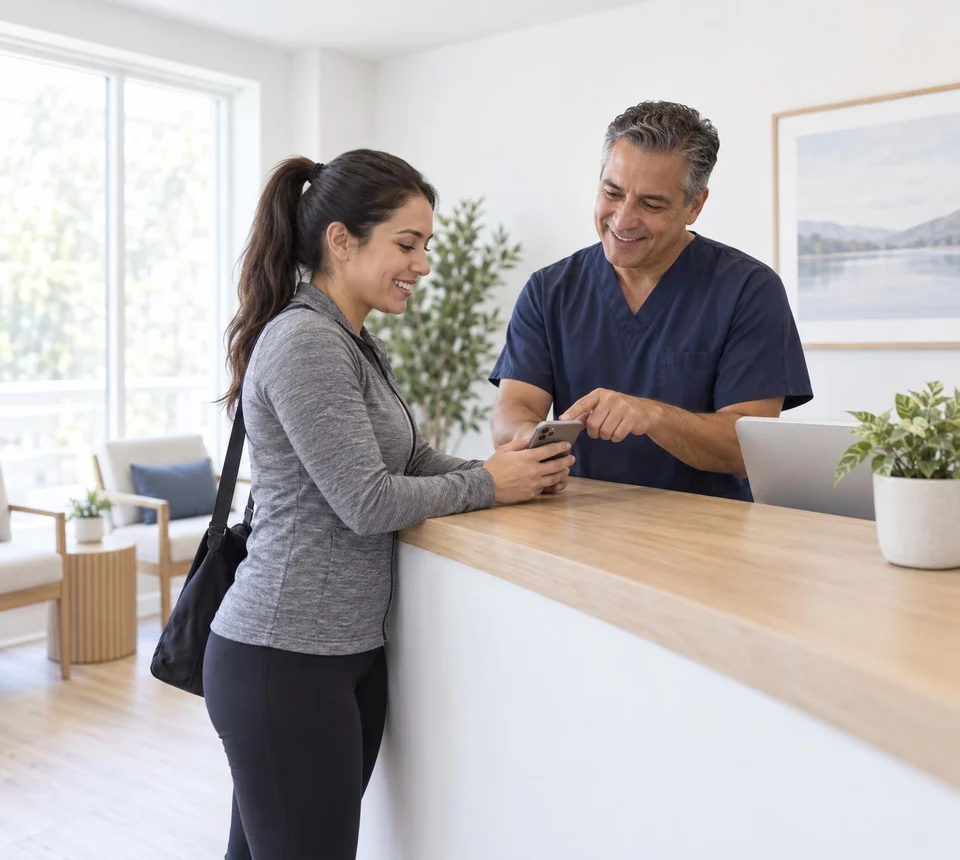 Chiropractor helping a patient book her next visit online at the clinic's front desk
