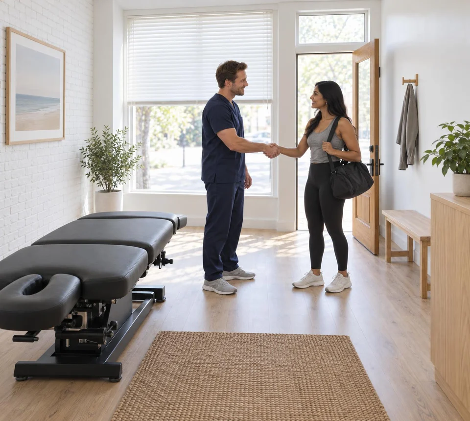 Solo chiropractor greeting a patient at the door of his one-room clinic