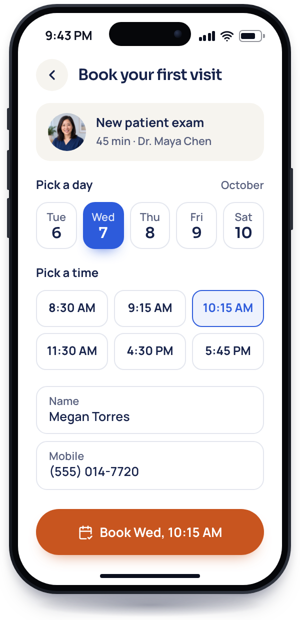 A phone at 9:43 PM showing the clinic's booking screen with Wednesday the 7th and 10:15 AM picked, name and mobile filled in, and a Book Wed, 10:15 AM button.