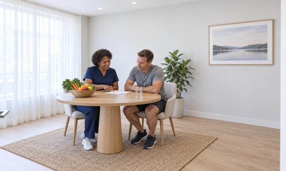 Chiropractor going over a simple meal plan with a patient, with fruit and vegetables on the table