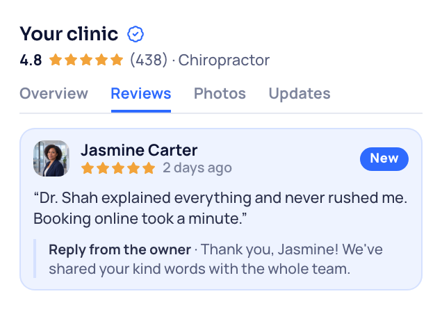 Your clinic's Google profile, Jasmine Carter's new review on top with the owner's reply.