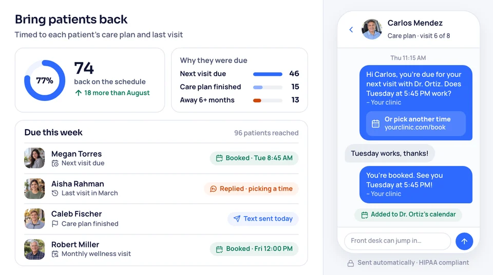 Patients due back this week on the rebooking screen, and a care-plan patient booking by text