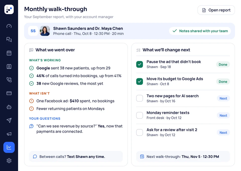 Notes from the monthly walk-through call between account manager Shawn Saunders and Dr. Maya Chen: what's working, what isn't, a question answered, and the changes to make next.