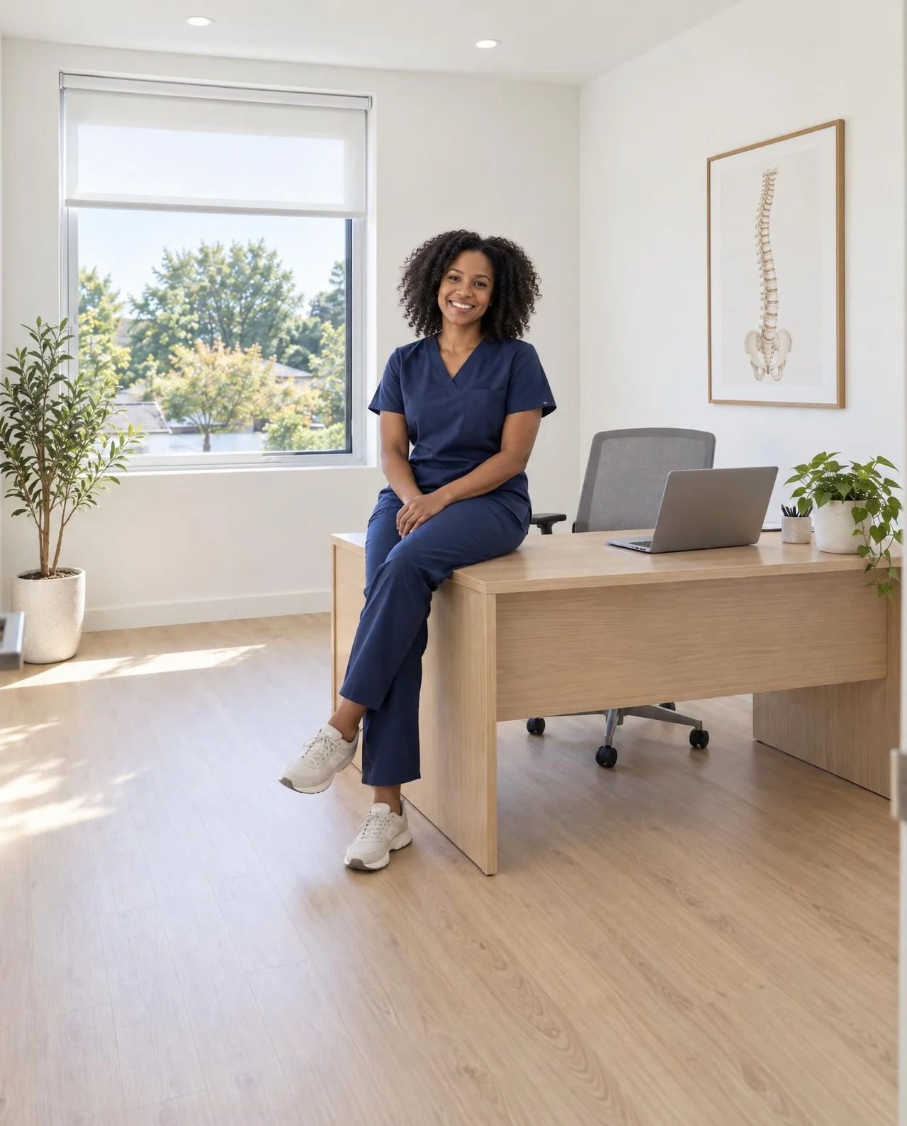 Chiropractor sitting on the edge of her desk in a bright clinic office, laptop open beside her